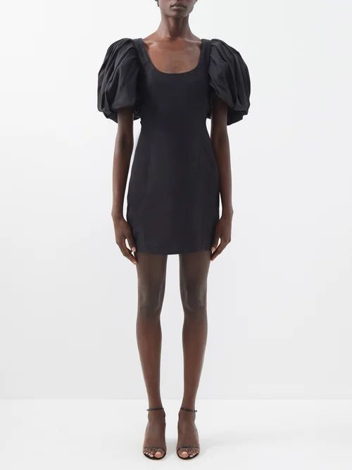Puff-sleeve Scoop-neck Slubbed-poplin Mini Dress - Womens - Black