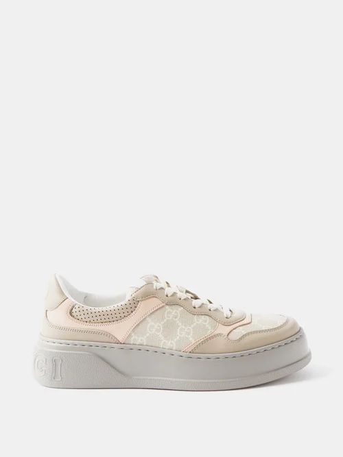 GG-canvas And Leather Flatform Trainers - Womens - Cream