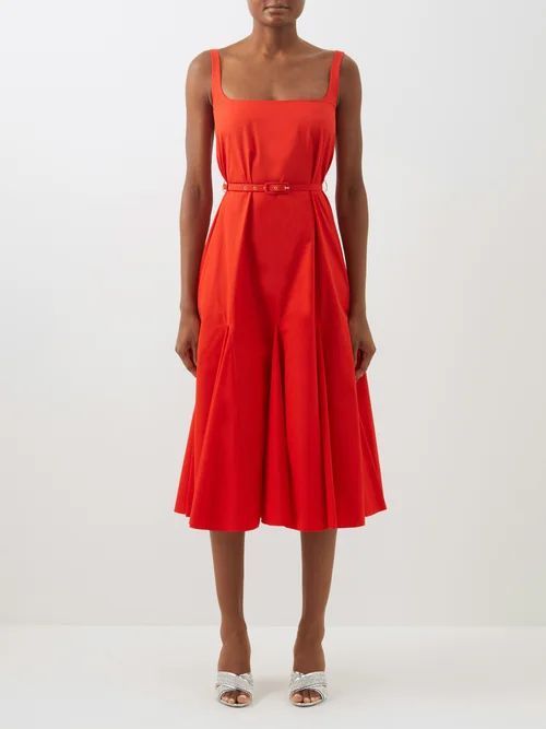 Marita Scoop-neck Belted Cotton Dress - Womens - Red