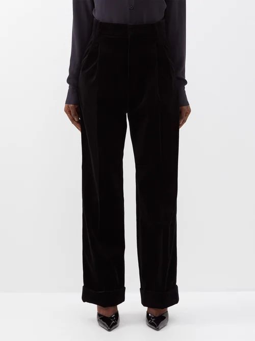 High-rise Pleated Cotton-blend Velvet Trousers - Womens - Black