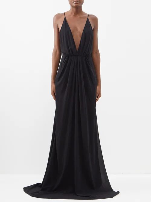 Plunge-neck Side-slit Crepe Gown - Womens - Black
