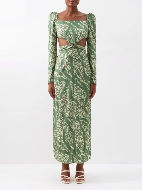 Cuarzo Square-neck Cutout Printed-crepe Dress - Womens - Green Print