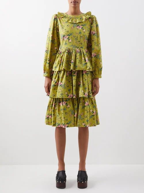 X Laura Ashley Welsh Floral-print Cotton Dress - Womens - Green Multi