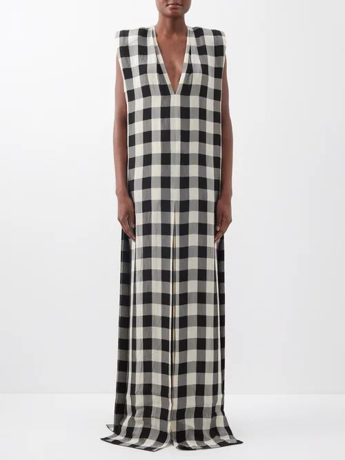 Plunge-front Gingham Maxi Dress - Womens - Black White