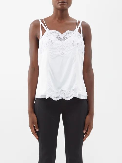 Patched Lace-trim Layered Satin Cami Top - Womens - White