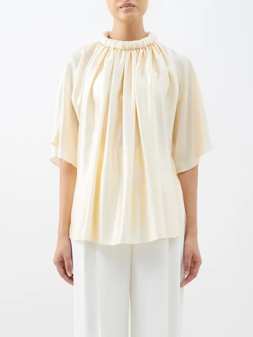Gathered-neck Draped Silk-satin Blouse - Womens - Pale Yellow