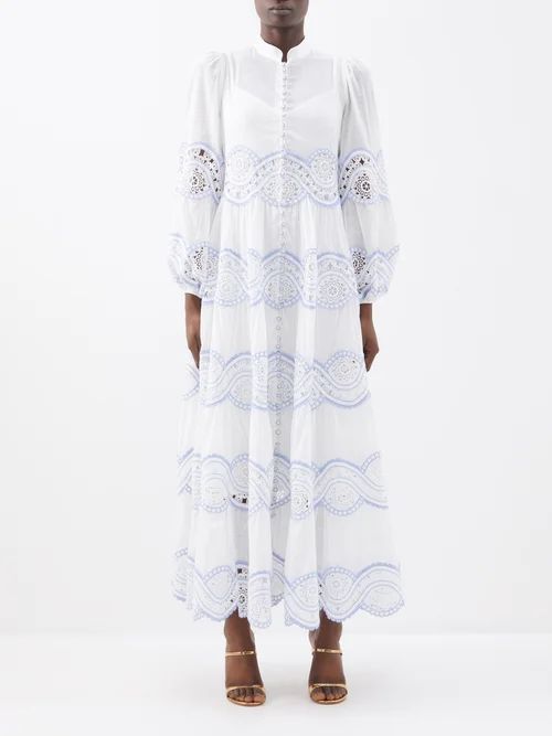 Cira Tiered Broderie-anglaise Cotton Maxi Dress - Womens - Ivory