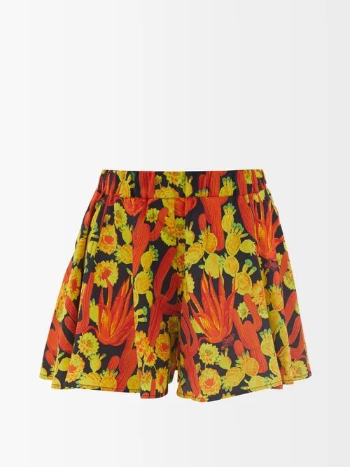 Cactus-print Flared-leg Jersey Shorts - Womens - Orange Multi