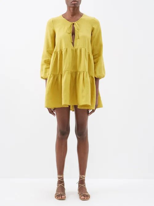 Matilda Tiered Organic-linen Mini Dress - Womens - Gold