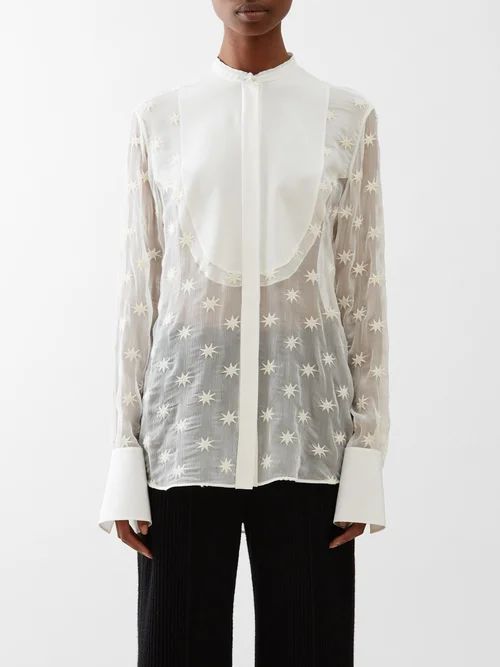 Star-embroidery Silk-mousseline Blouse - Womens - White