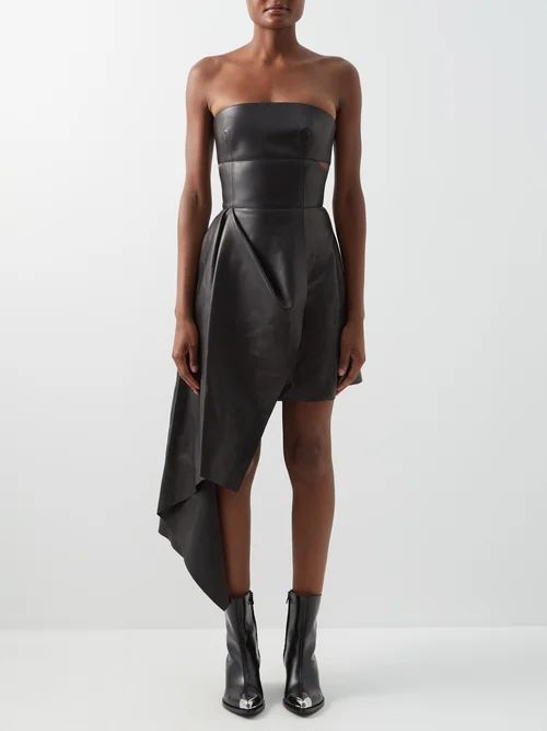 Asymmetric Leather Mini Dress - Womens - Black