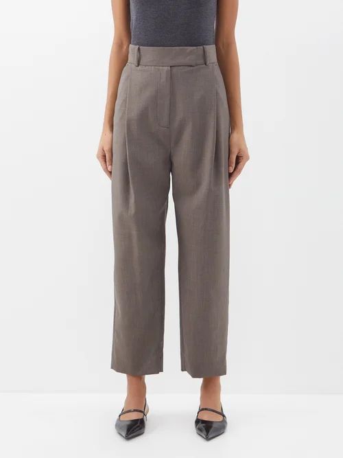 Pleated Cropped Wool Trousers - Womens - Brown