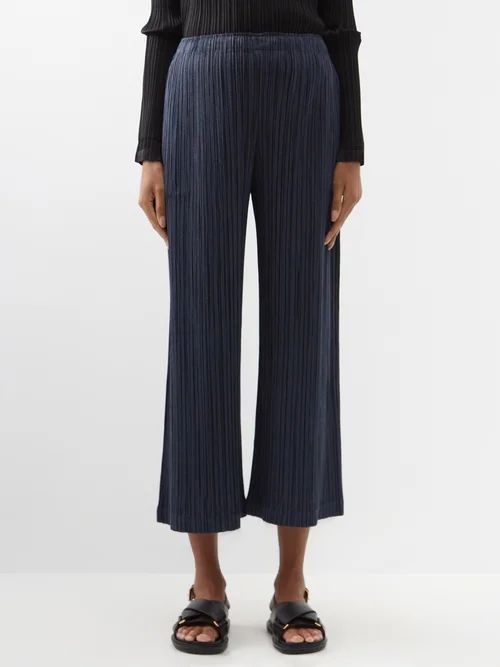 Cropped Technical-pleated Trousers - Womens - Black Blue