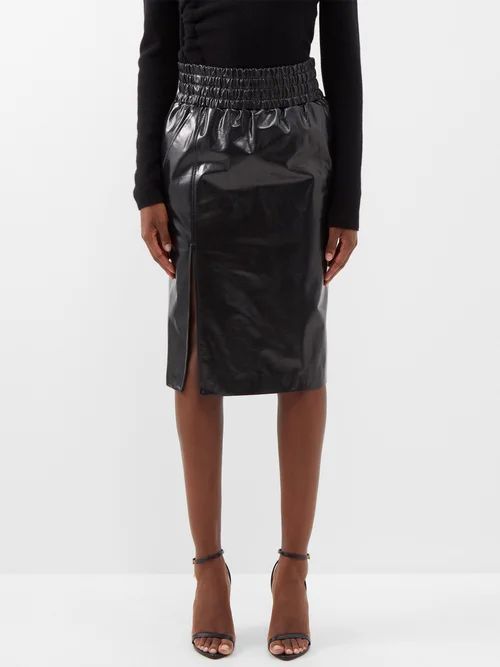 Side-slit Coated-leather Skirt - Womens - Black