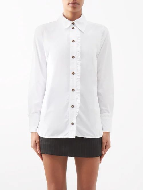 Ruffle-trim Organic Cotton-poplin Shirt - Womens - Optical White