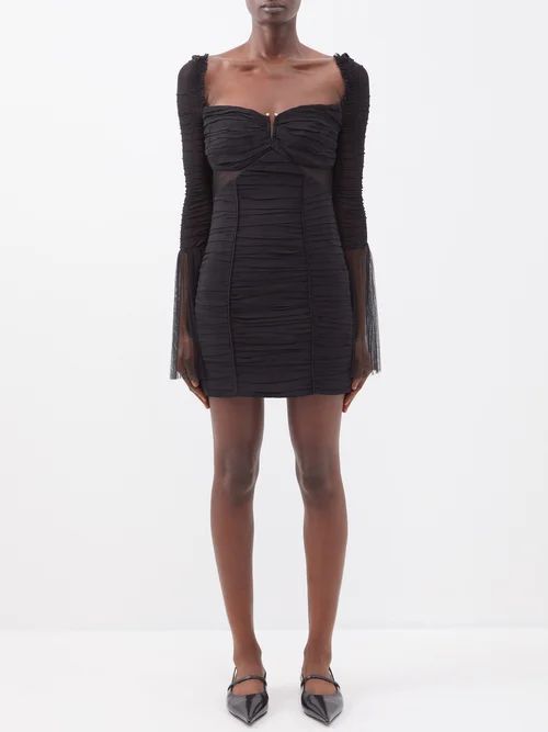 Flared-sleeve Ruched Crepe Mini Dress - Womens - Black