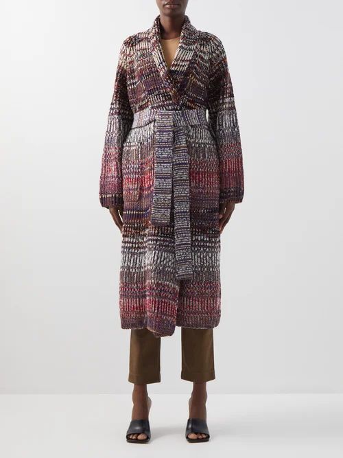 Belted Wool-blend Wrap Coat - Womens - Brown Multi