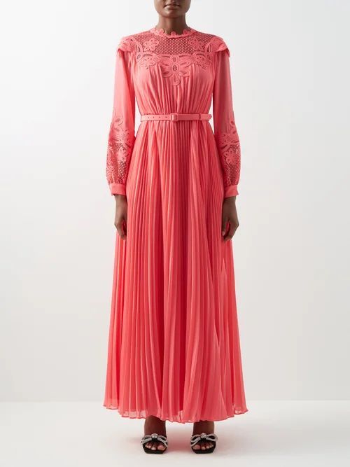 Pleated-chiffon And Lace Maxi Dress - Womens - Bright Pink