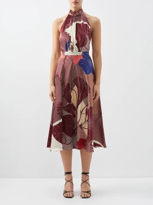 Giovanna Floral-print Silk Satin Midi Dress - Womens - Burgundy Multi