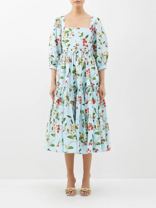 Miel Floral-print Cotton-poplin Dress - Womens - Blue Multi