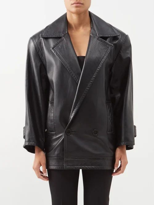 Structured Cropped-sleeve Leather Coat - Womens - Black