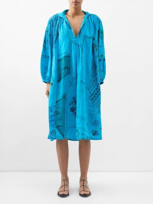 Valerie Vintage Patchworked Linen Midi Dress - Womens - Bright Blue