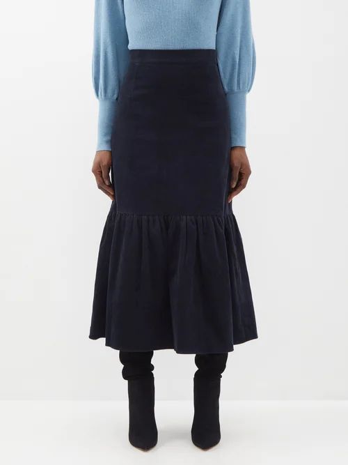 The Daphne High-rise Cotton-corduroy Midi Skirt - Womens - Navy