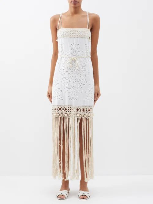 Vitali Fringed Embroidered-lace Cotton Mini Dress - Womens - Ivory