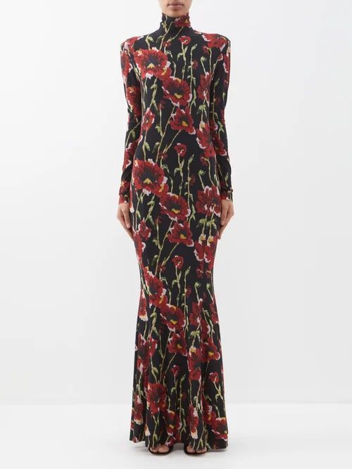 Turtle Poppy-print Jersey Fishtail Maxi Dress - Womens - Black Red