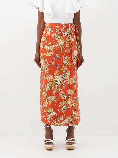 Vacation Hermia Floral-print Cotton Wrap Skirt - Womens - Red Multi