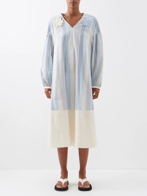Striped Organic-cotton Midi Kaftan Dress - Womens - Blue Stripe