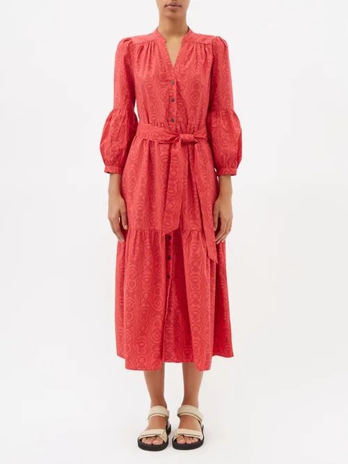 Alice Moiré-print Organic-cotton Voile Dress - Womens - Red