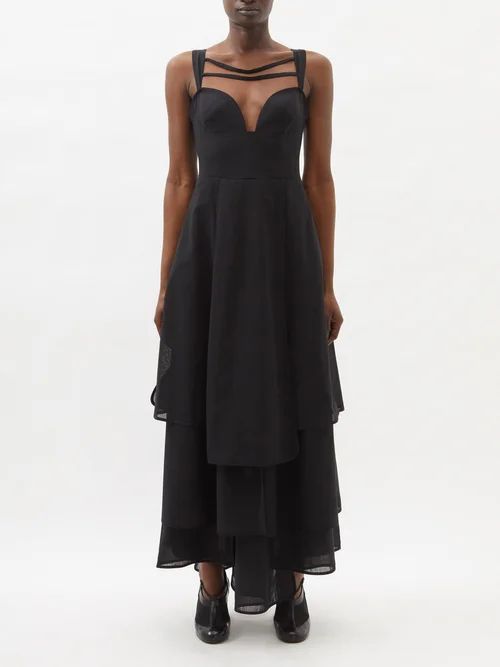 Plunge-neck Tiered Wool-blend Batiste Dress - Womens - Black