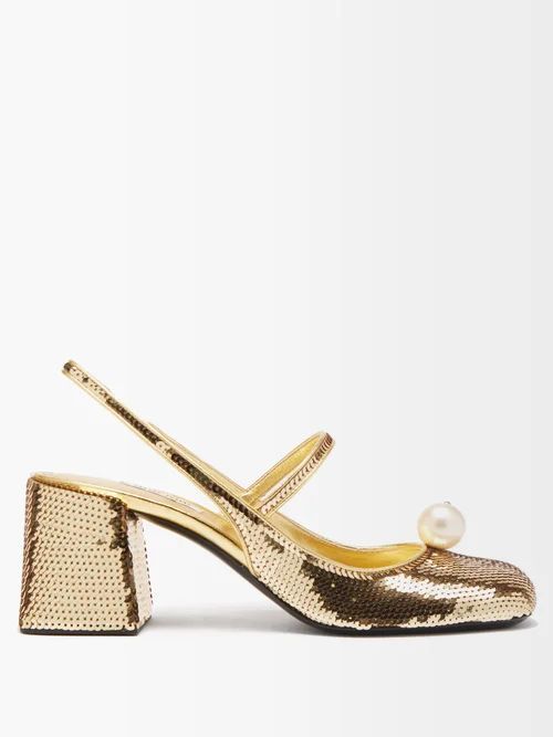 Faux Pearl-embellished Sequinned Leather Pumps - Womens - Gold