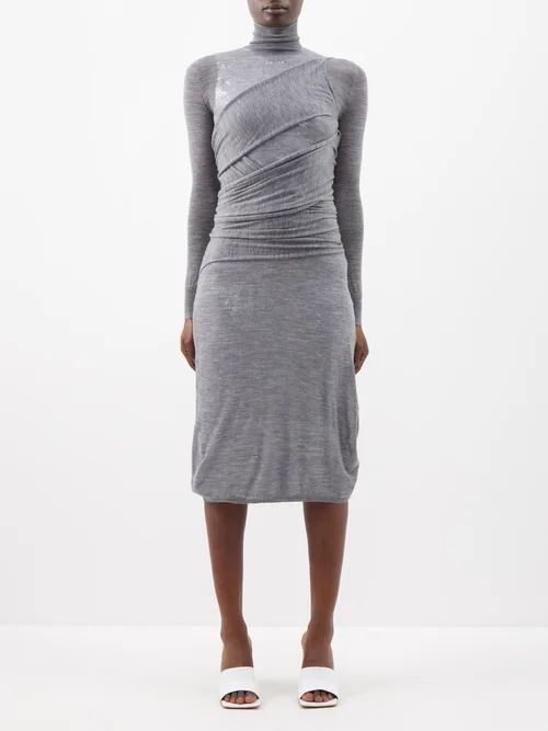 Layered Sequinned Knit Midi Dress - Womens - Grey