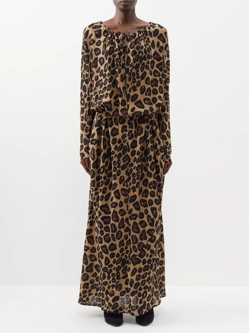 Leopard-print Drawstring-neck Silk Dress - Womens - Brown Print