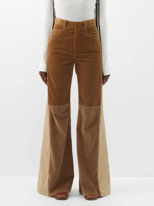 Panelled Cotton-corduroy Flared Trousers - Womens - Brown