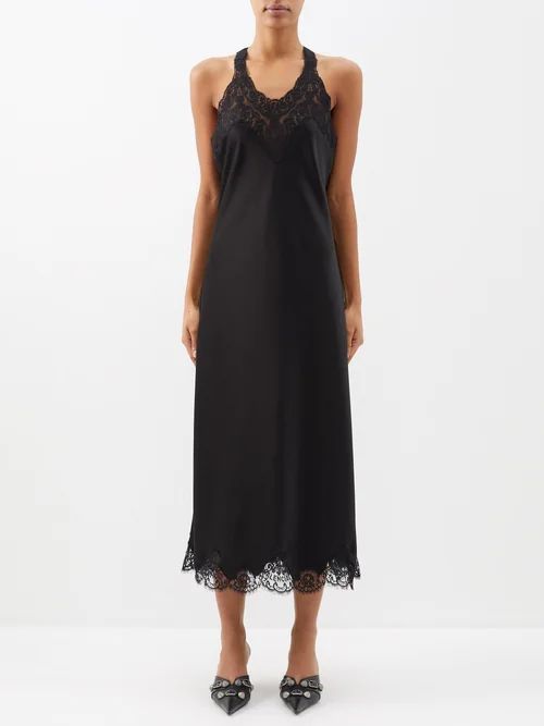 Lace-trimmed Satin Midi Dress - Womens - Black