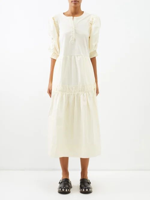 Steph Puff-sleeved Pleated Cotton Dress - Womens - Ivory