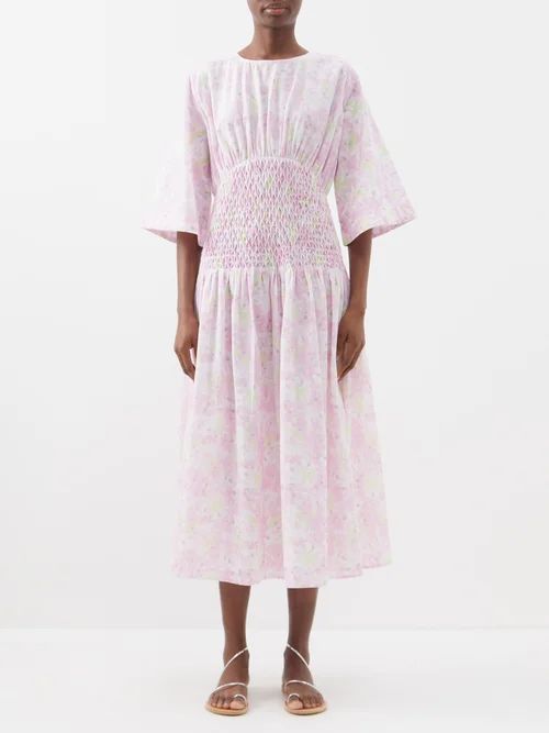 Alma Floral-print Cotton Midi Dress - Womens - Light Pink Multi