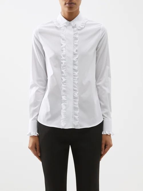 Ruffled-front Poplin Shirt - Womens - White