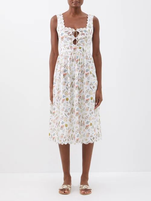 Square-neck Shell-print Cotton Midi Dress - Womens - Ivory Multi