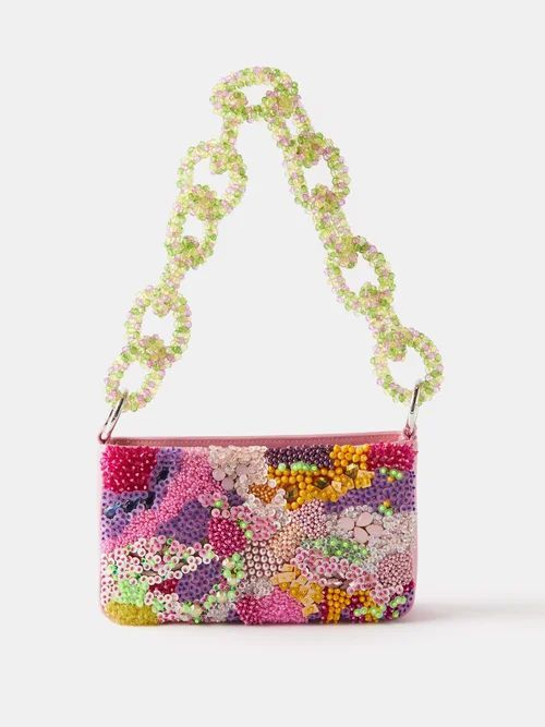 Chain-strap Beaded Canvas Shoulder Bag - Womens - Pink Multi