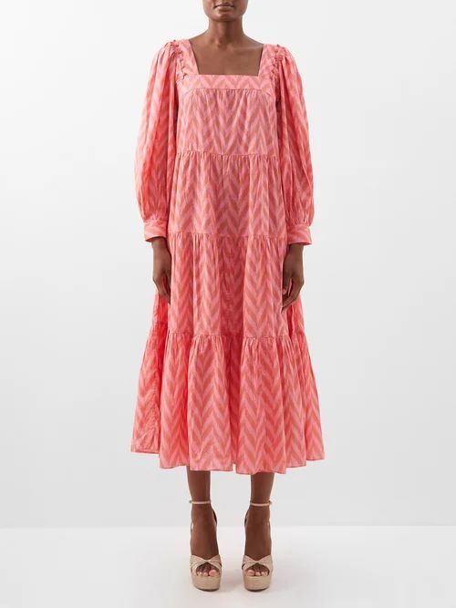 Georgina Herringbone-print Cotton Midi Dress - Womens - Pink Multi