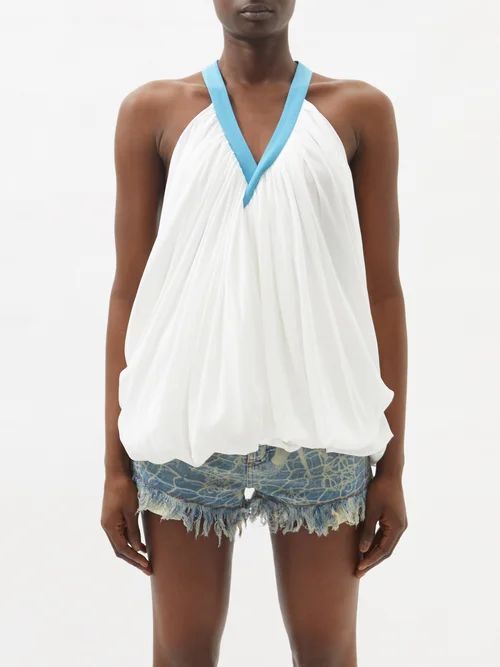 Pleated-crepe Tank Top - Womens - White/blue