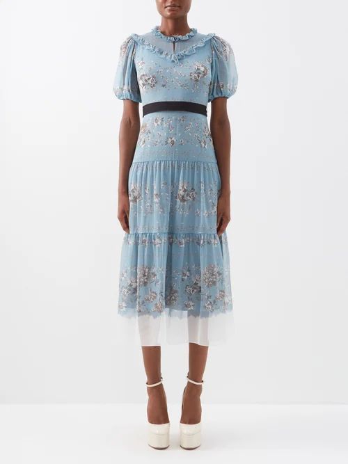 Pearline Floral-print Silk-voile Midi Dress - Womens - Blue Multi