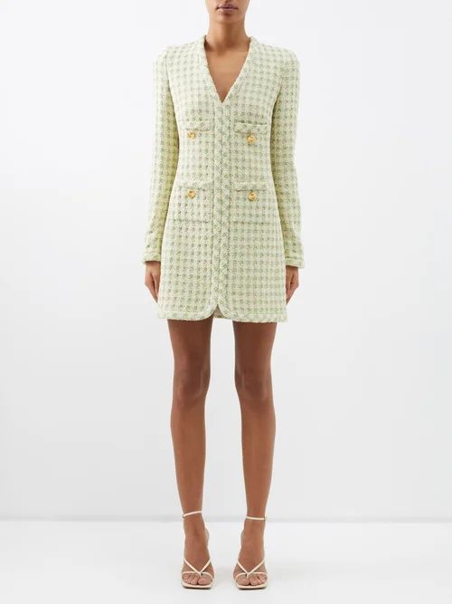 Houndstooth Cotton-blend Tweed Mini Dress - Womens - Green White