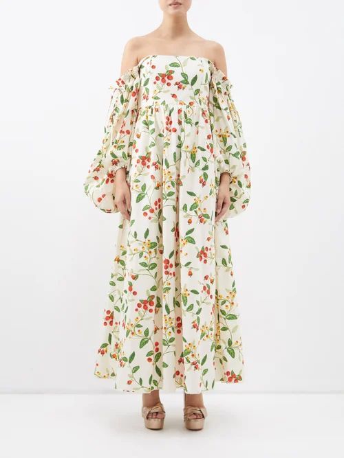 Alheli Frutal-print Off-the-shoulder Cotton Dress - Womens - Ivory Multi