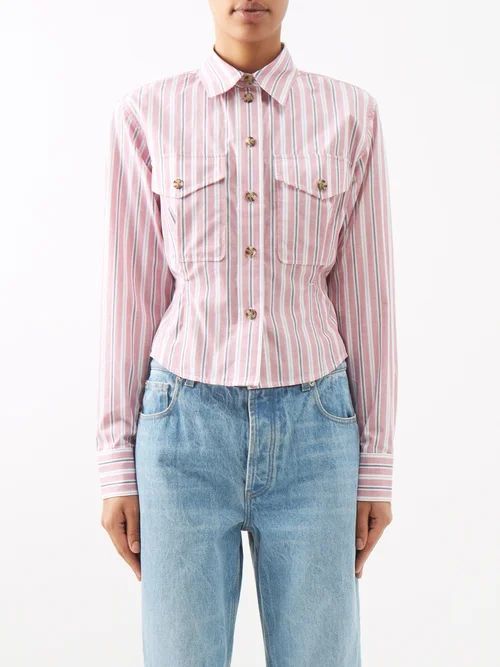 Cinched Striped Organic-cotton Shirt - Womens - Pink Stripe