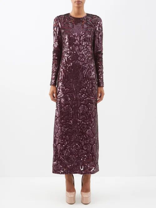 Floral-sequinned Tulle Midi Dress - Womens - Burgundy